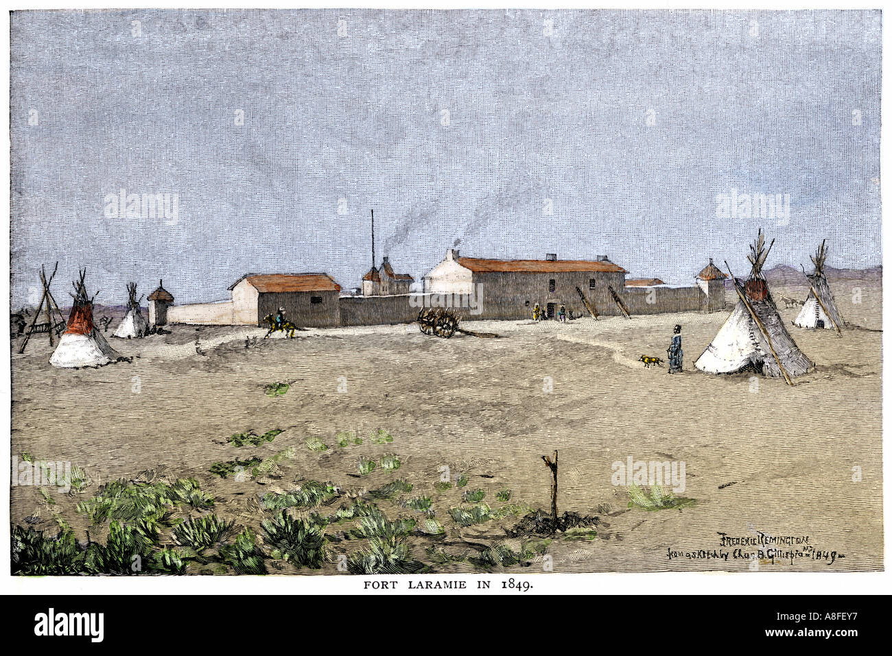 Fort Laramie Wyoming in 1849 a key landmark on the Oregon Trail and Mormon Trail. Hand-colored woodcut of a Frederic Remington illustration Stock Photo