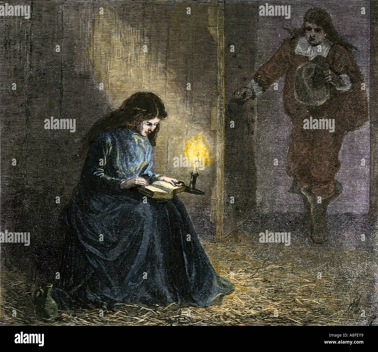 Young woman reading the Bible in a Puritan jail in New England 1600s. Hand-colored woodcut Stock Photo
