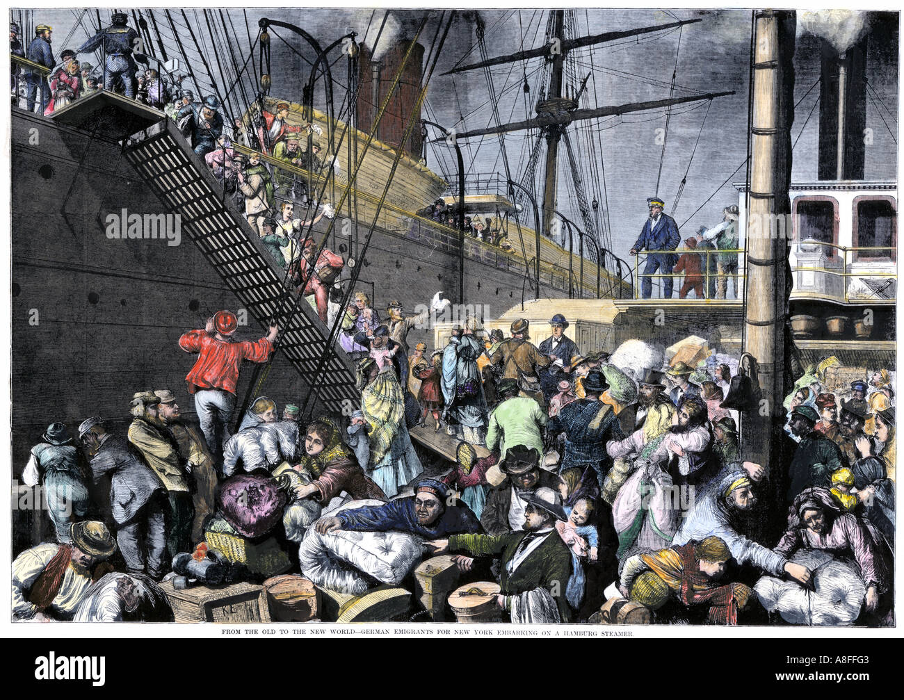 German emigrants bound for New York City embarking on a steamship out of Hamburg 1800s. Hand-colored woodcut Stock Photo