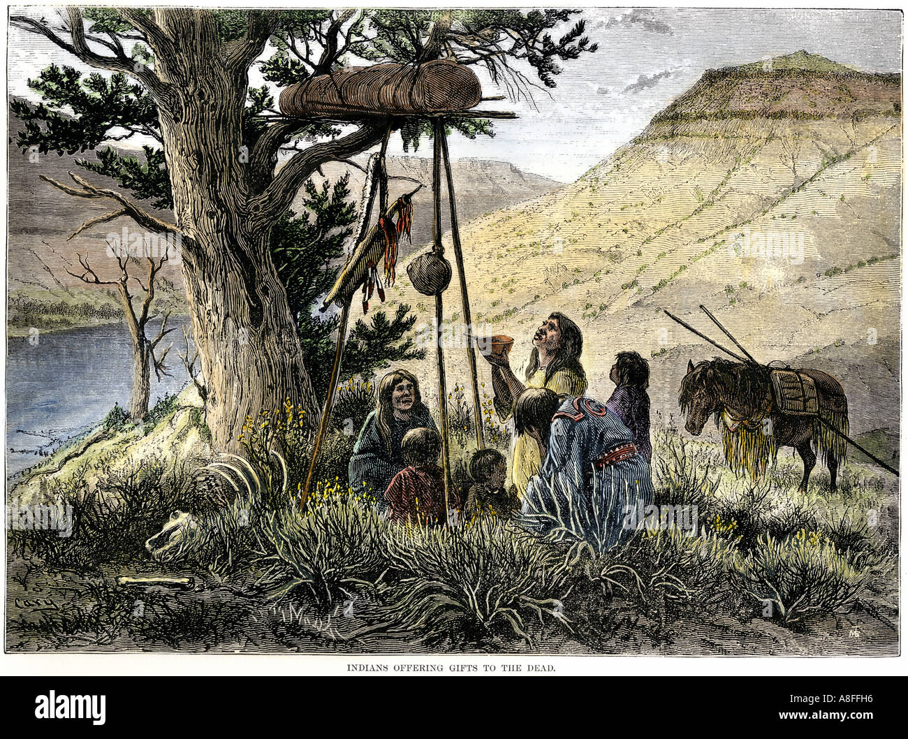 Sioux Rituals Sioux family offering gifts to the dead in an elevated grave in Montana ...
