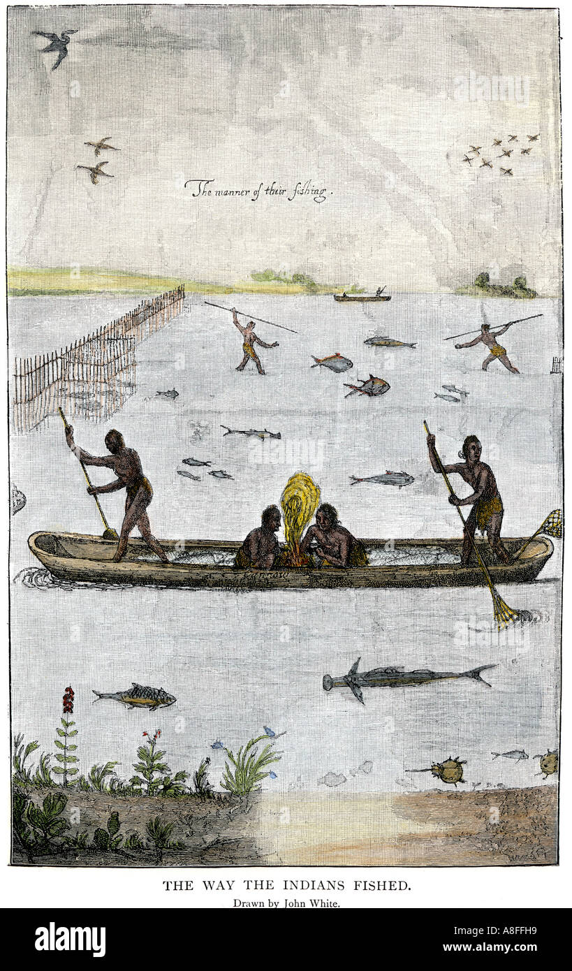The way the Indians fished using spears and dugout canoes Roanoke Island in Virginia Colony 1500s. Hand-colored woodcut of a John White drawing Stock Photo