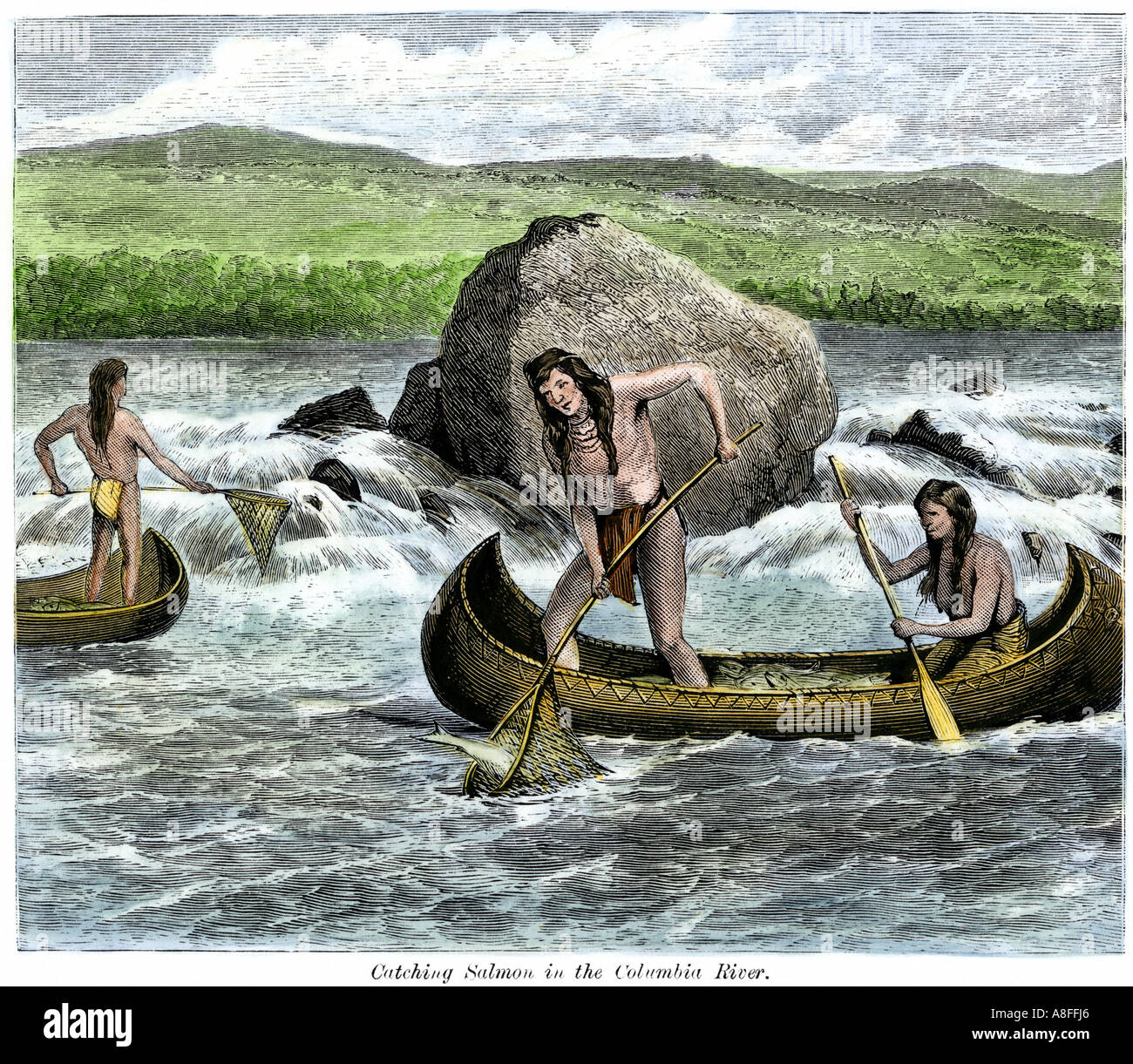 Native Americans fishing for salmon with nets in the Columbia River in the Pacific Northwest. Hand-colored woodcut Stock Photo