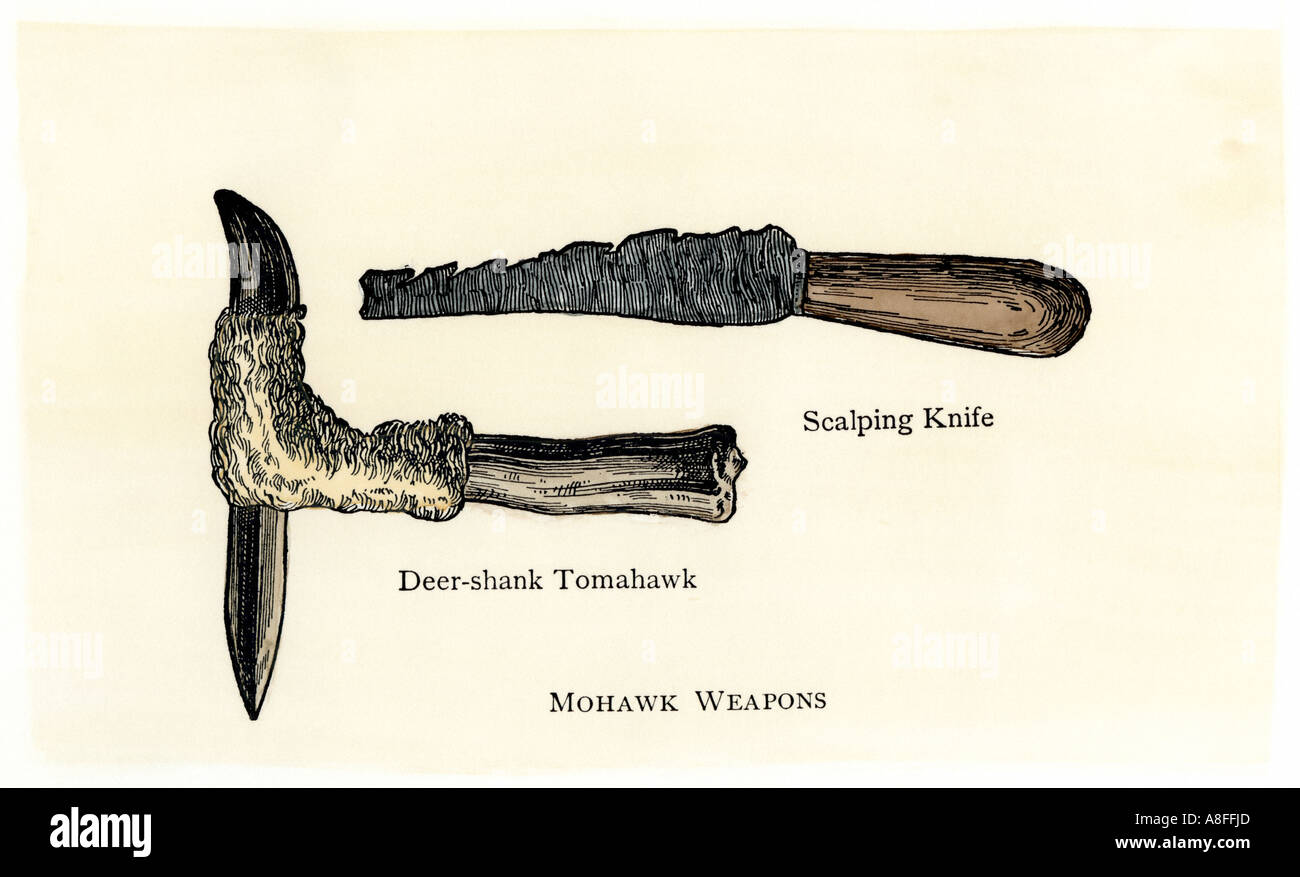 Mohawk tomahawk made from a deer shank bone and a scalping knife. Hand