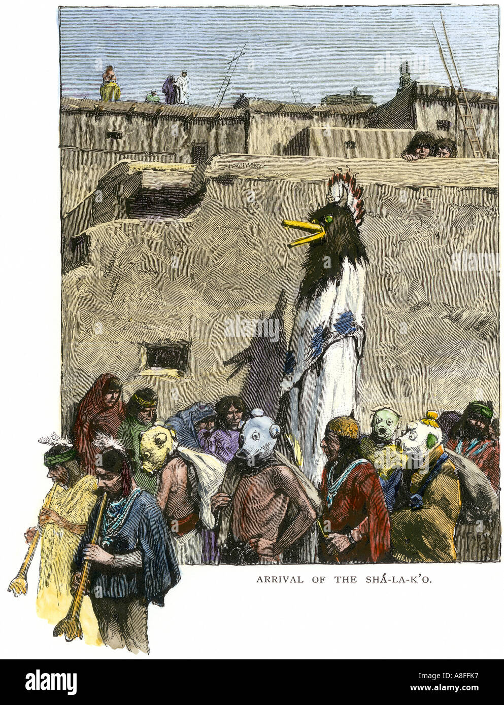Arrival of the ceremonial Shalako in Zuni Pueblo New Mexico 1800s. Hand-colored woodcut Stock Photo