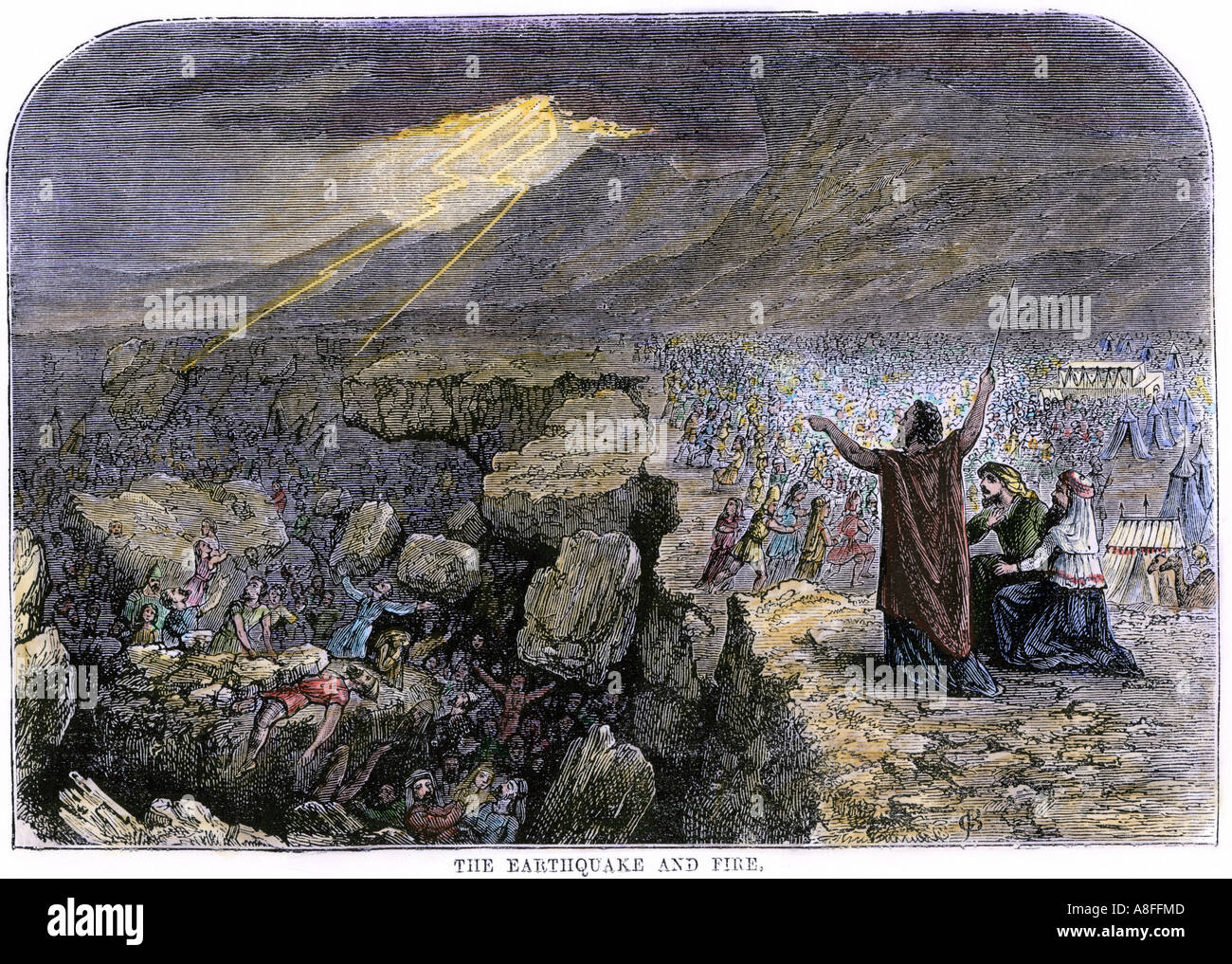 Earthquake swallowing the wicked Israelites who have not heeded Moses during their flight from Egypt to the Promised Land. Hand-colored woodcut Stock Photo