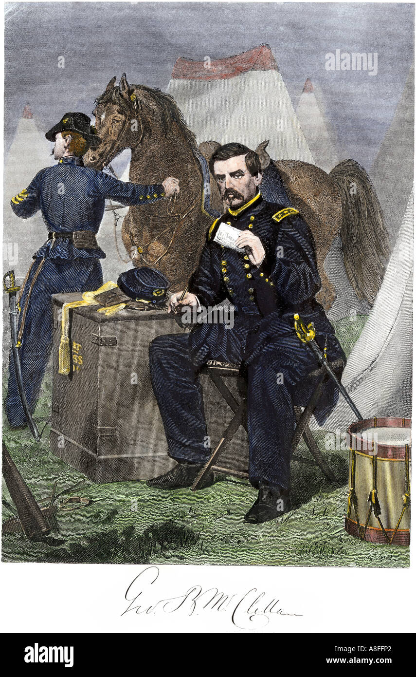Union General George B McClellan in his field headquarters US Civil War. Hand-colored steel engraving Stock Photo