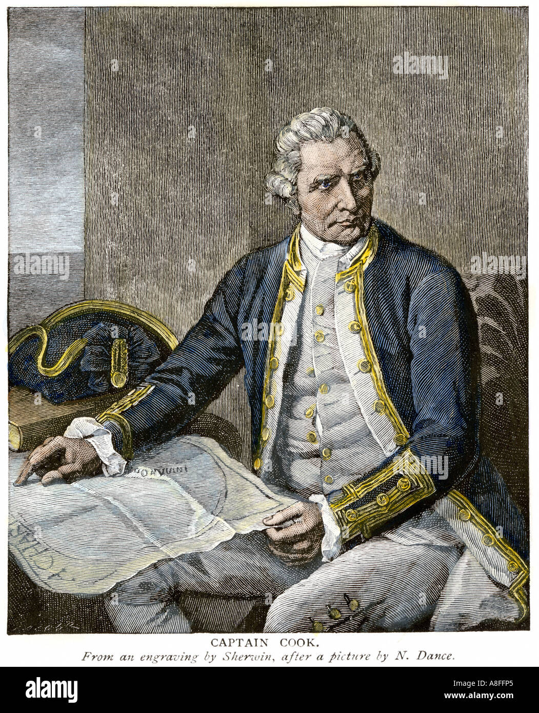 Captain James Cook reading a map. Hand-colored woodcut Stock Photo