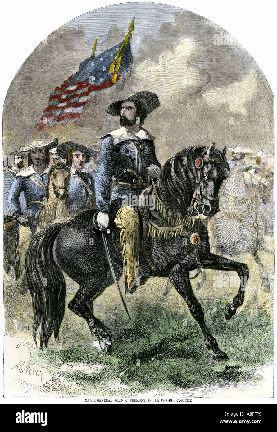 General John C Fremont in his prairie uniform leading a westward expedition. Hand-colored woodcut Stock Photo