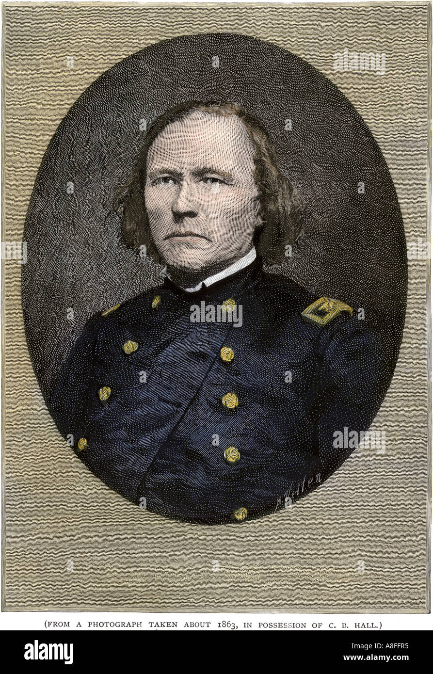 Christopher Kit Carson as commander of First New Mexico Volunteers in the US Civil War. Hand-colored woodcut Stock Photo