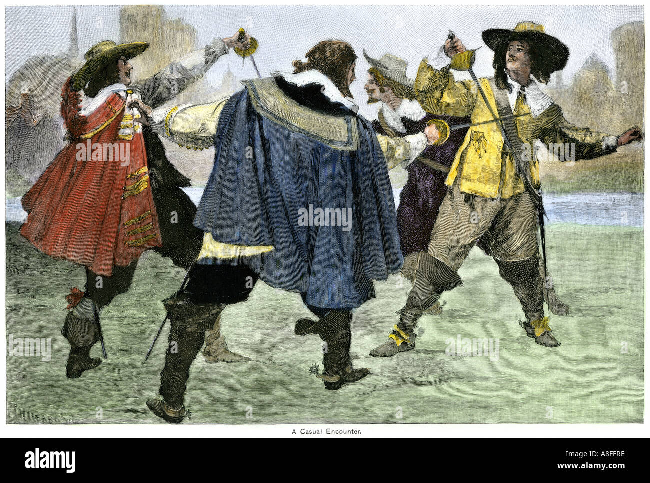 Three Musketeers in a sword fight with an opponent in the Alexandre Dumas novel. Hand-colored woodcut Stock Photo