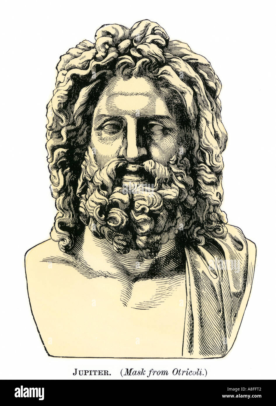 Roman Jupiter or Zeus in Greek mythology classical god of the sky and of laws. Hand-colored woodcut Stock Photo