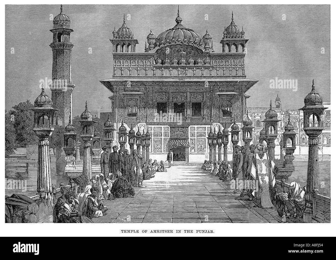 19th century Colonial Period engraving of the Golden Temple of Amritsar Punjab India C 1870 Stock Photo