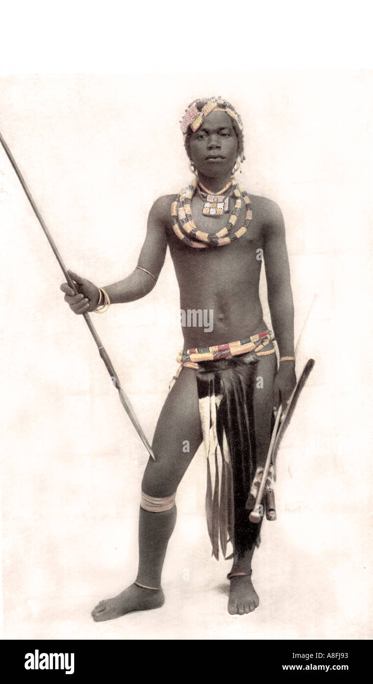 Late Nineteenth Century litho print depicting a Zulu warrior South Africa Antique lithographic print Stock Photo