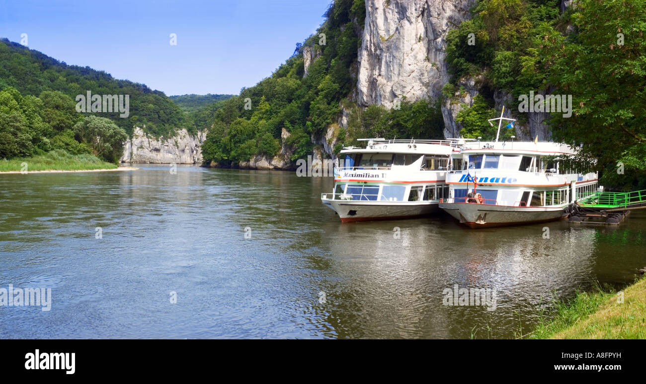 River tour boat in Altmuhl Valley Franconia danube river Bavaria germany Stock Photo