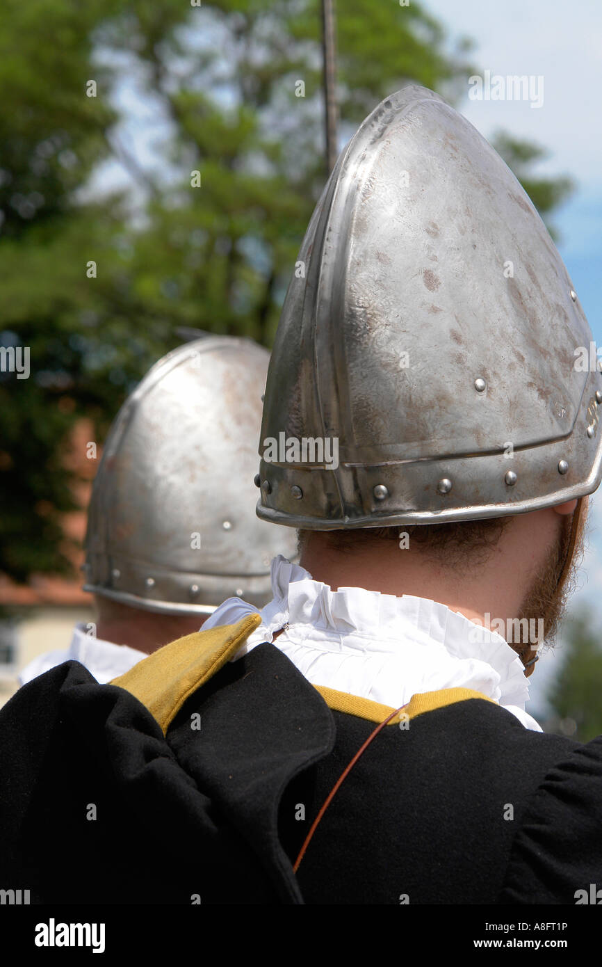 Medieval soldiers patrolling Frundsbergfest medieval festival in Mindelheim Bavaria Germany Stock Photo