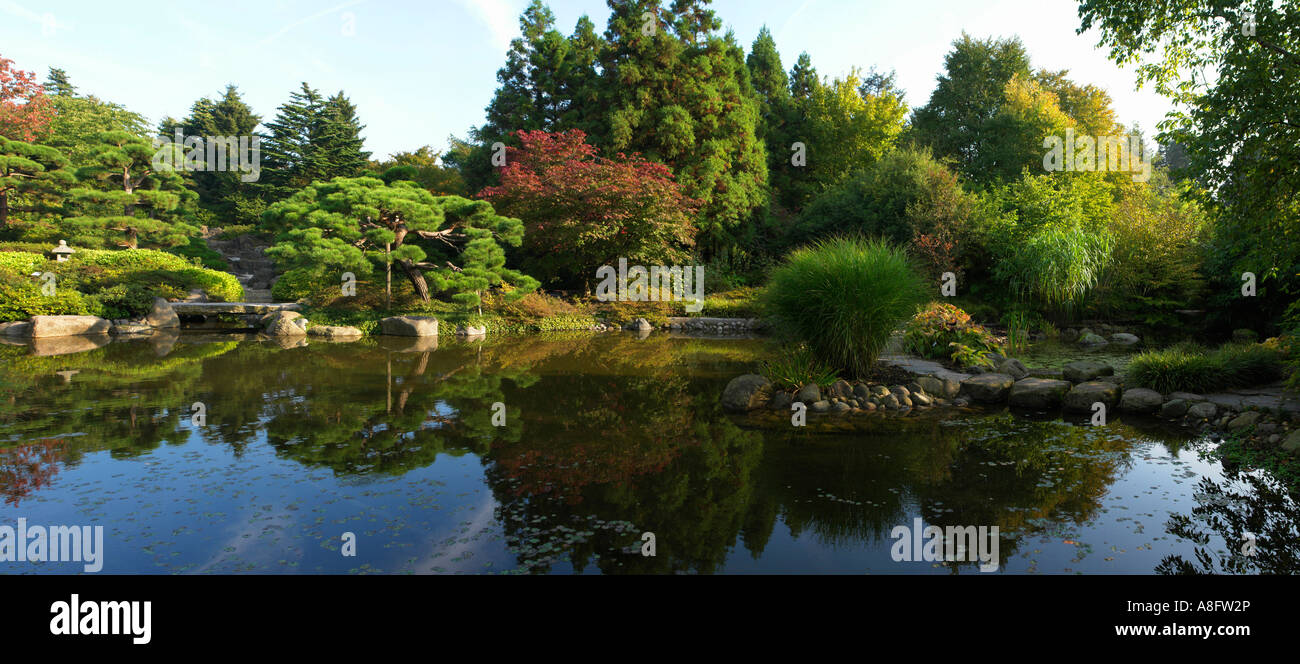 panorama Japanese garden inside Botanical garden in Hamburg Germany