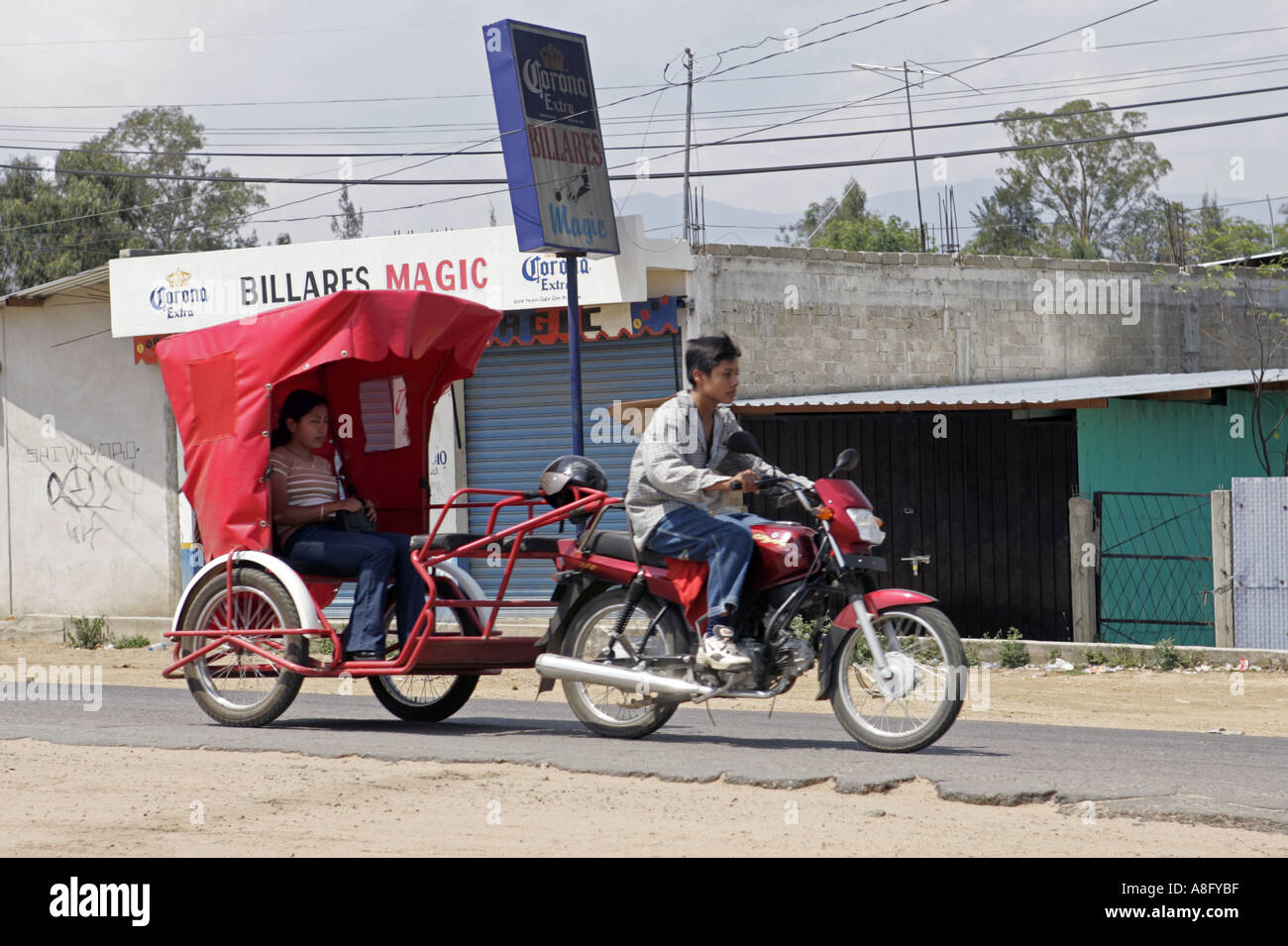 Taxi made by coupling a sulky to a motorcycle in Cuilapan de Guerrero near Oaxaca Mexico Stock Photo