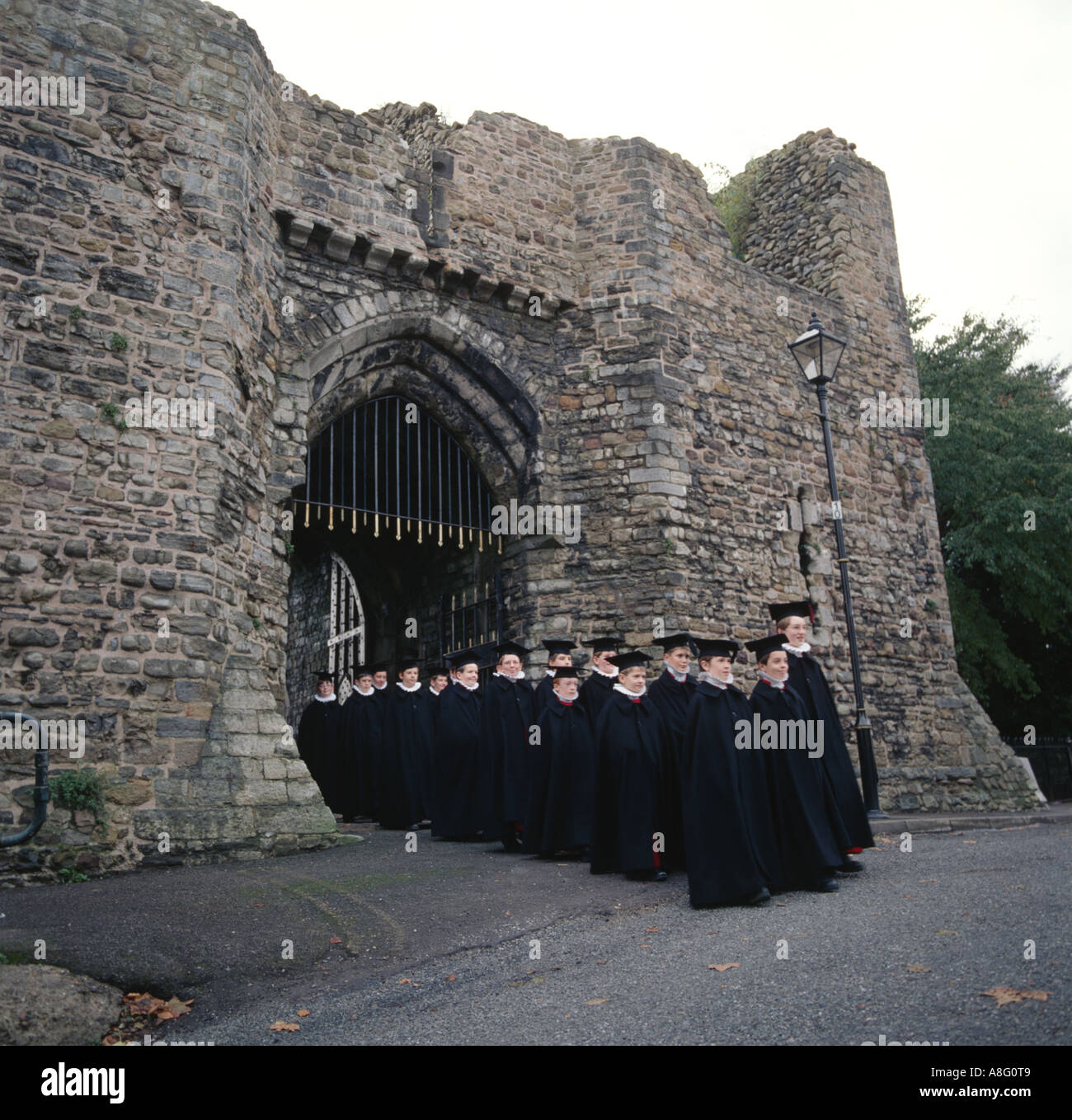 Llandaff Cathedral Choirboys walk from the Bishops Palace Stock Photo