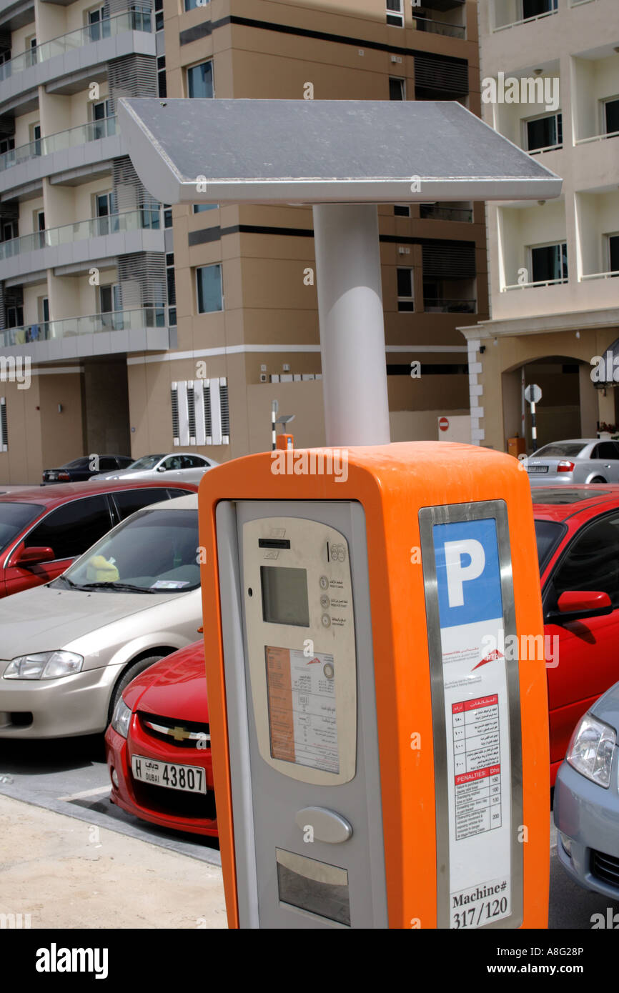 panel of solar powered parking meter, United Arab Emirates. Photo by Willy Matheisl Stock Photo