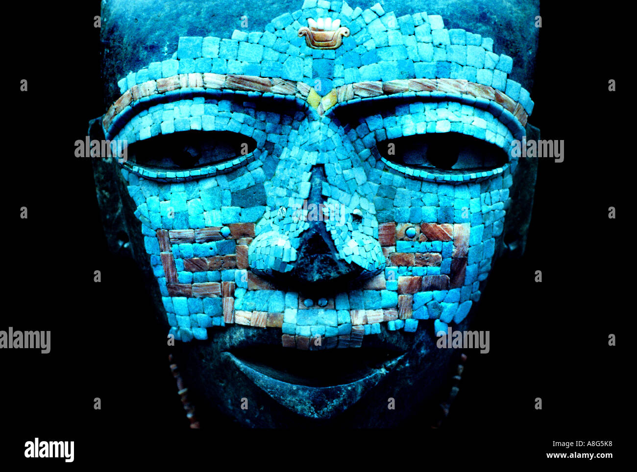 Maya Mask Palenque mosaic coral jade turquoise Funerary Funeral Mask mask Pre columbian Stock Photo