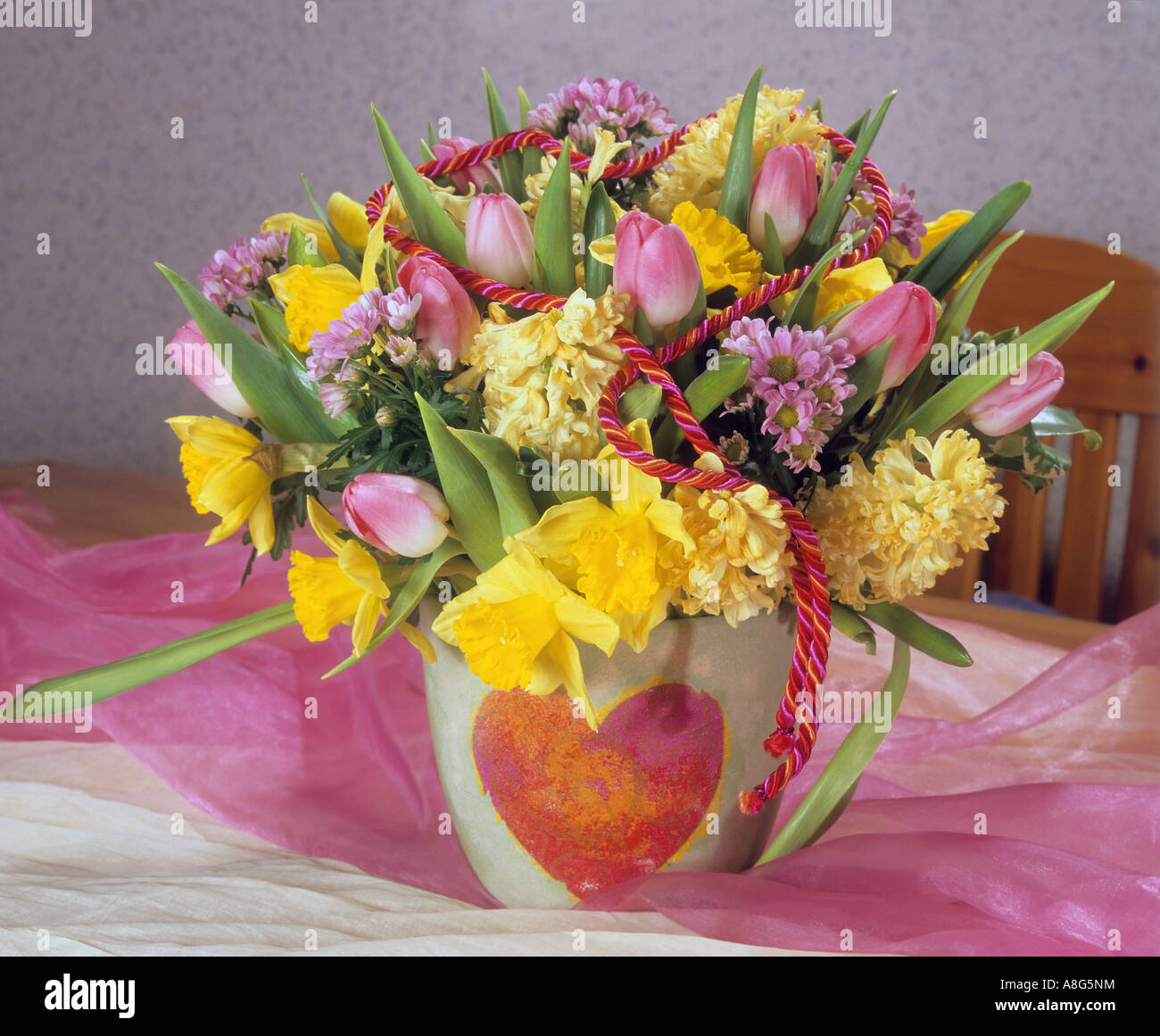 bouquet with tulips , hyacinths , daffodils and chrysanthemums Stock