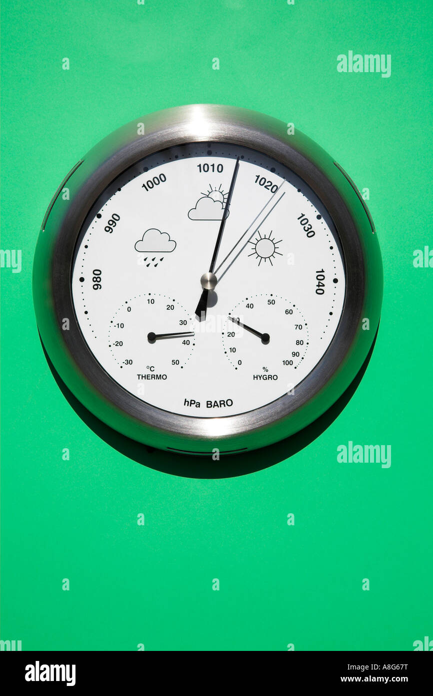 Barometer set against a green background. Editorial use only Stock Photo