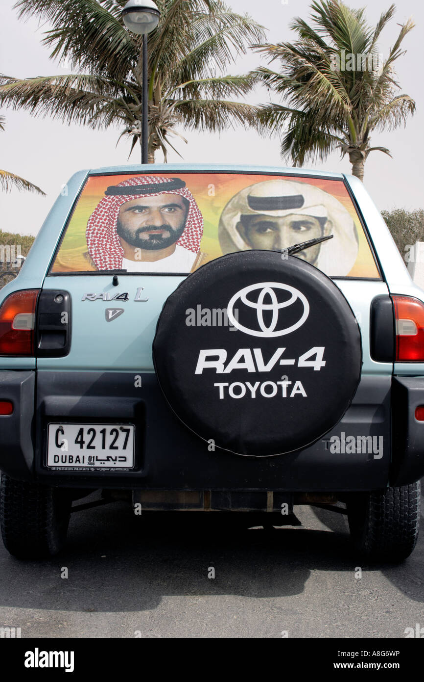 picture of Sheikh Mohammed bin Rashid Al Maktoum on rear window of Toyota offroad vehicle, Dubai. Photo by Willy Matheisl Stock Photo