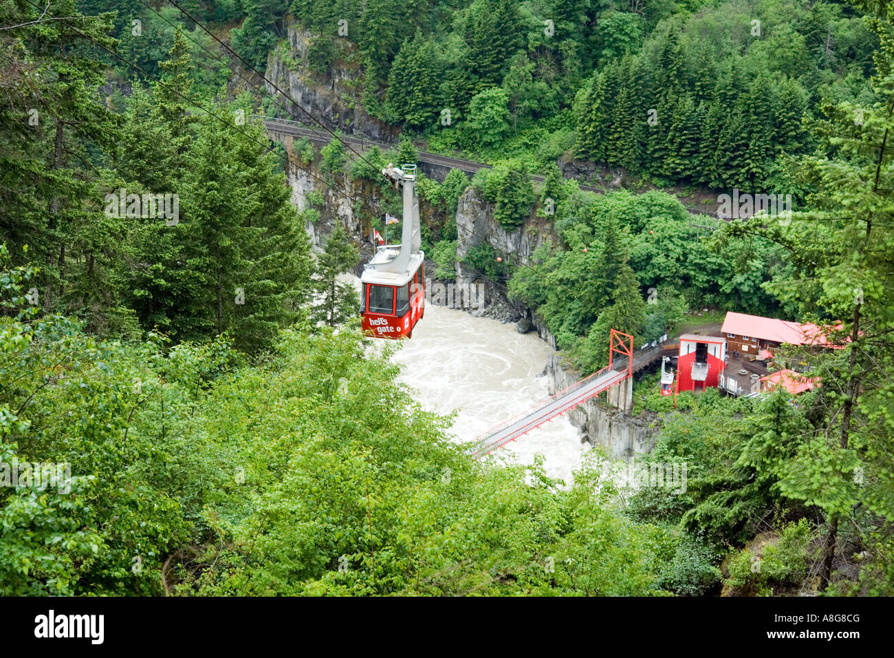 Cable car and suspension bridge crossing the Fraser Canyon at Hells
