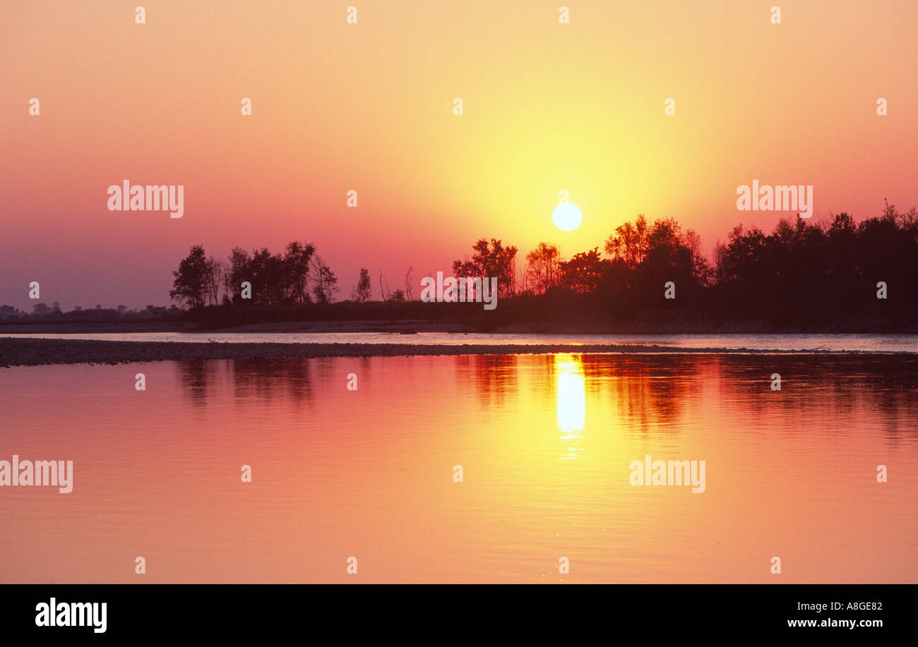River sunset in Royal Bardia National Park, Nepal Stock Photo