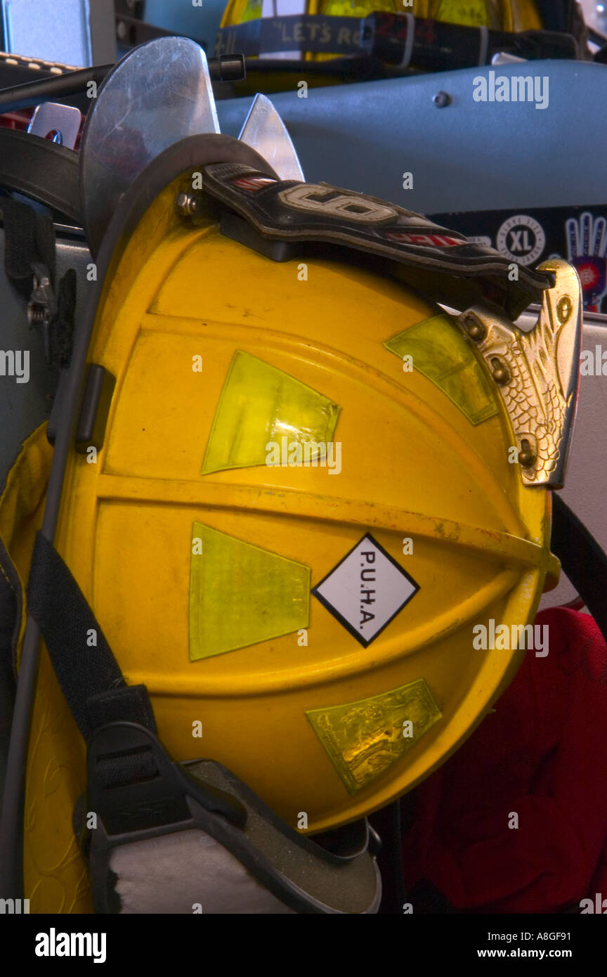 Fire fighters helmet on fire engine Stock Photo Alamy