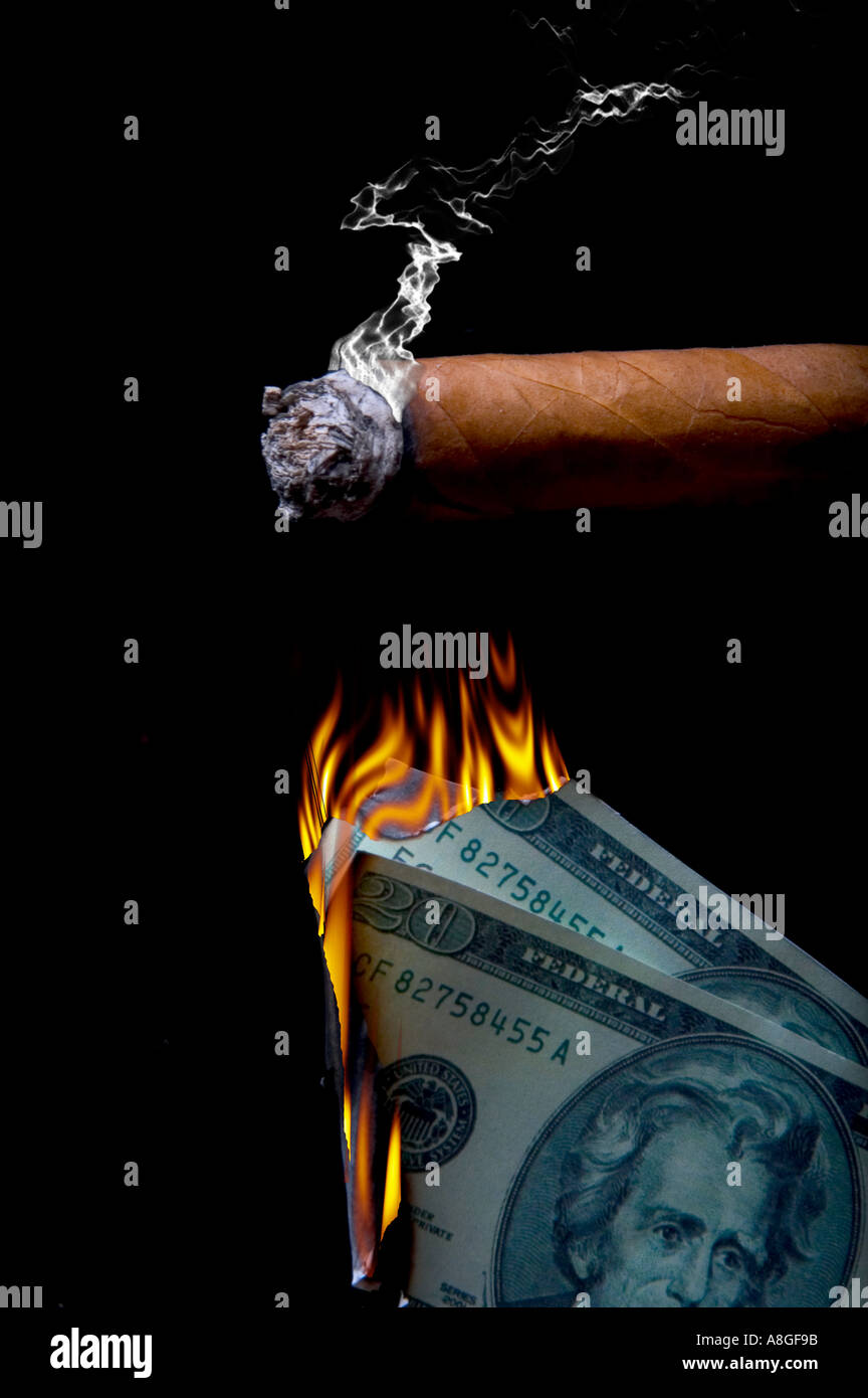 Lighting a cigar with twenty dollar bills Stock Photo Alamy
