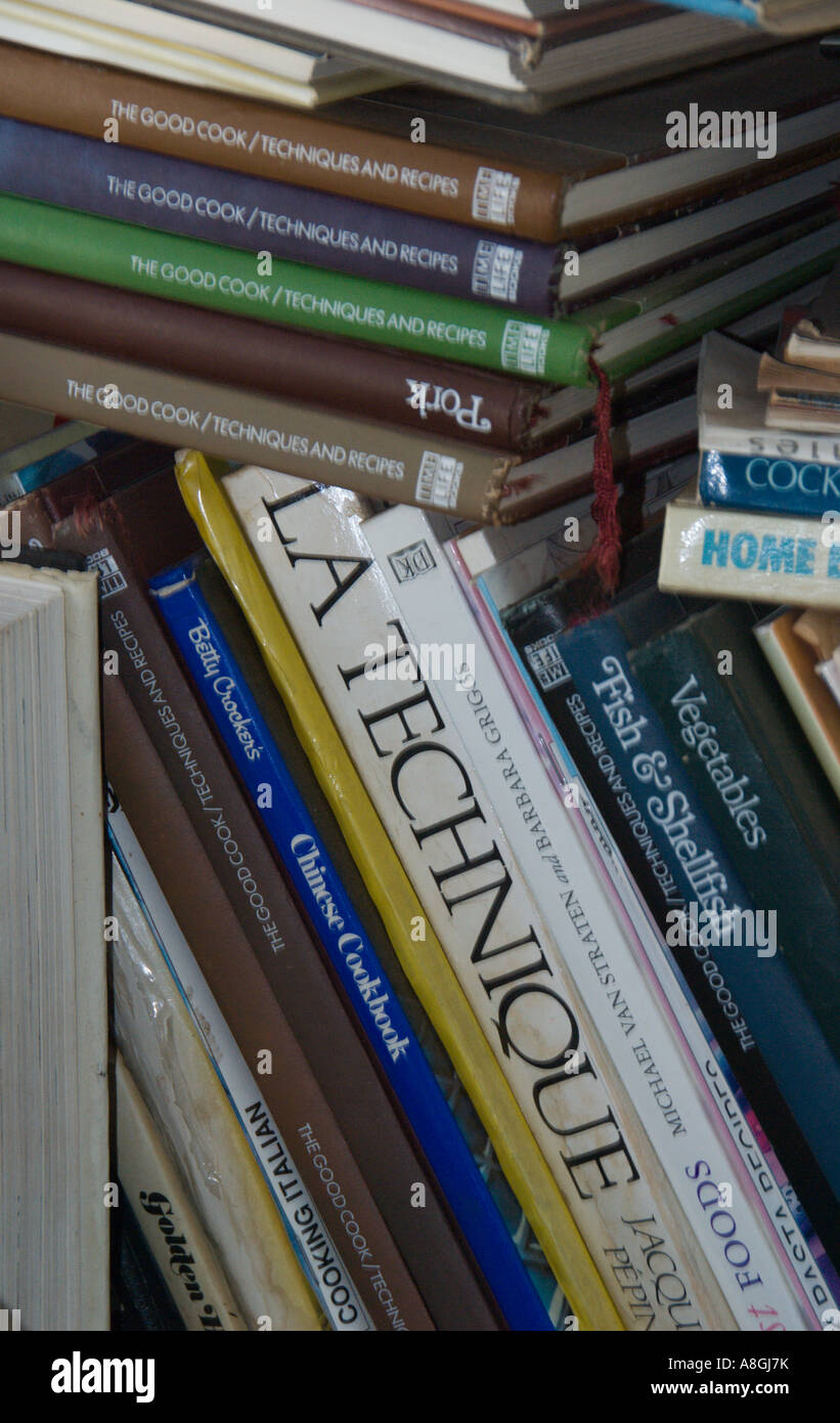 Pile of old cooking books, close up. Stock Photo