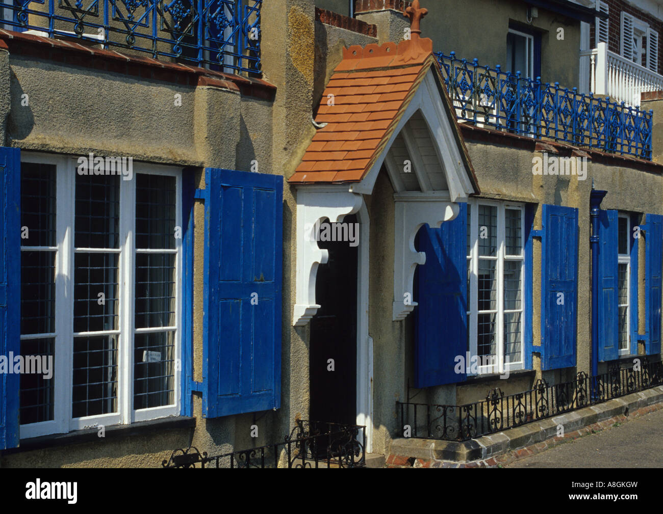 House At Aldeburgh with wooden shutters on the windows in Suffolk in the uk Stock Photo