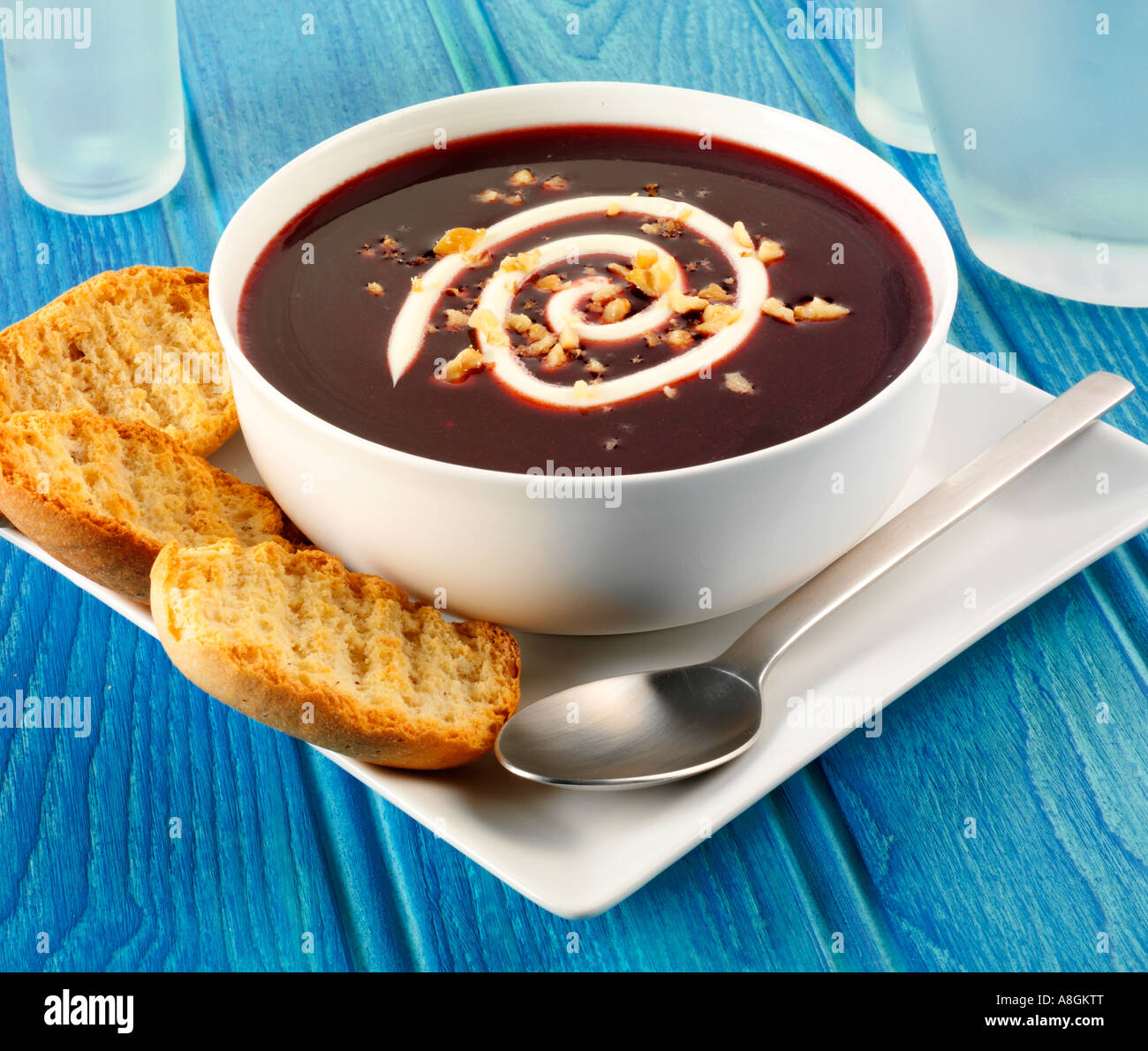 BEETROOT SOUP WITH NUTS Stock Photo
