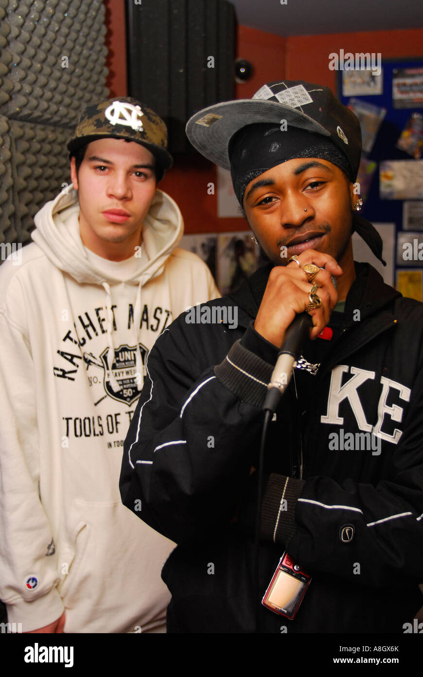 Two young rappers at a youth club, Harrow, Middlesex, UK. Stock Photo