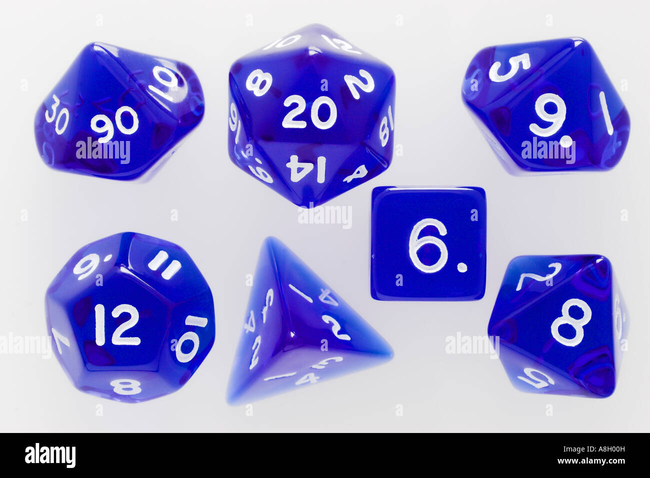 Standard set of seven polyhedral RPG dice Stock Photo