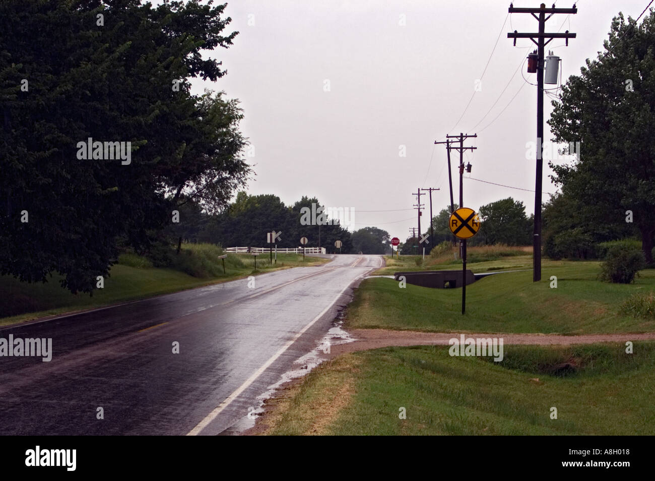 Rain Slicked Road Yoder Kansas Stock Photo