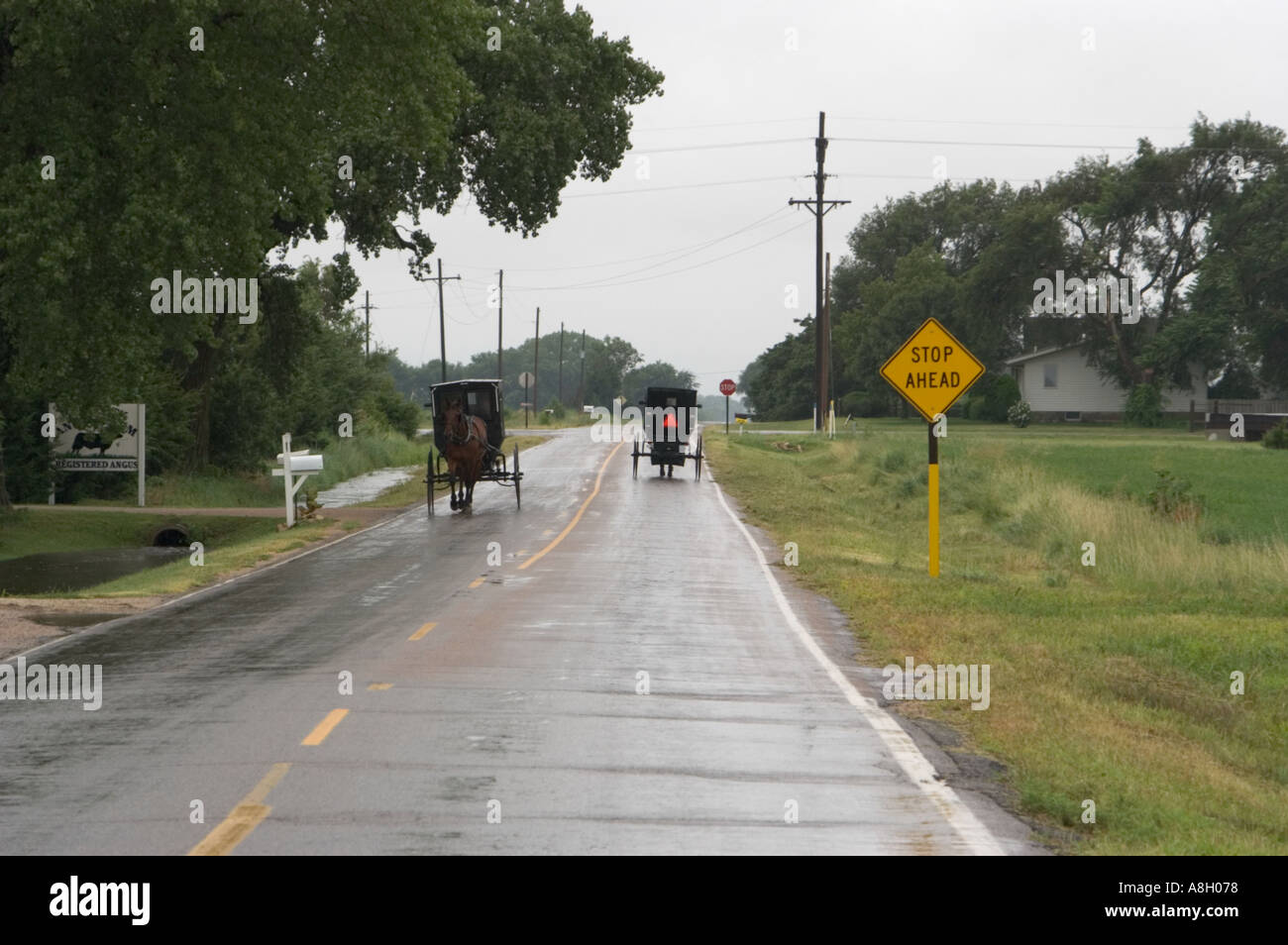 Amish Carriages on Rain Slicked Road Yoder Kansas Stock Photo
