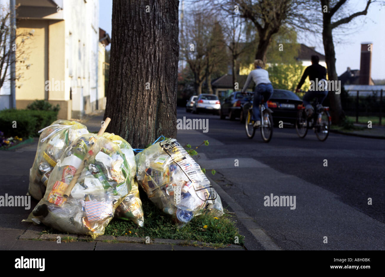 Clear plastic bags of domestic waste for recycling waiting collection