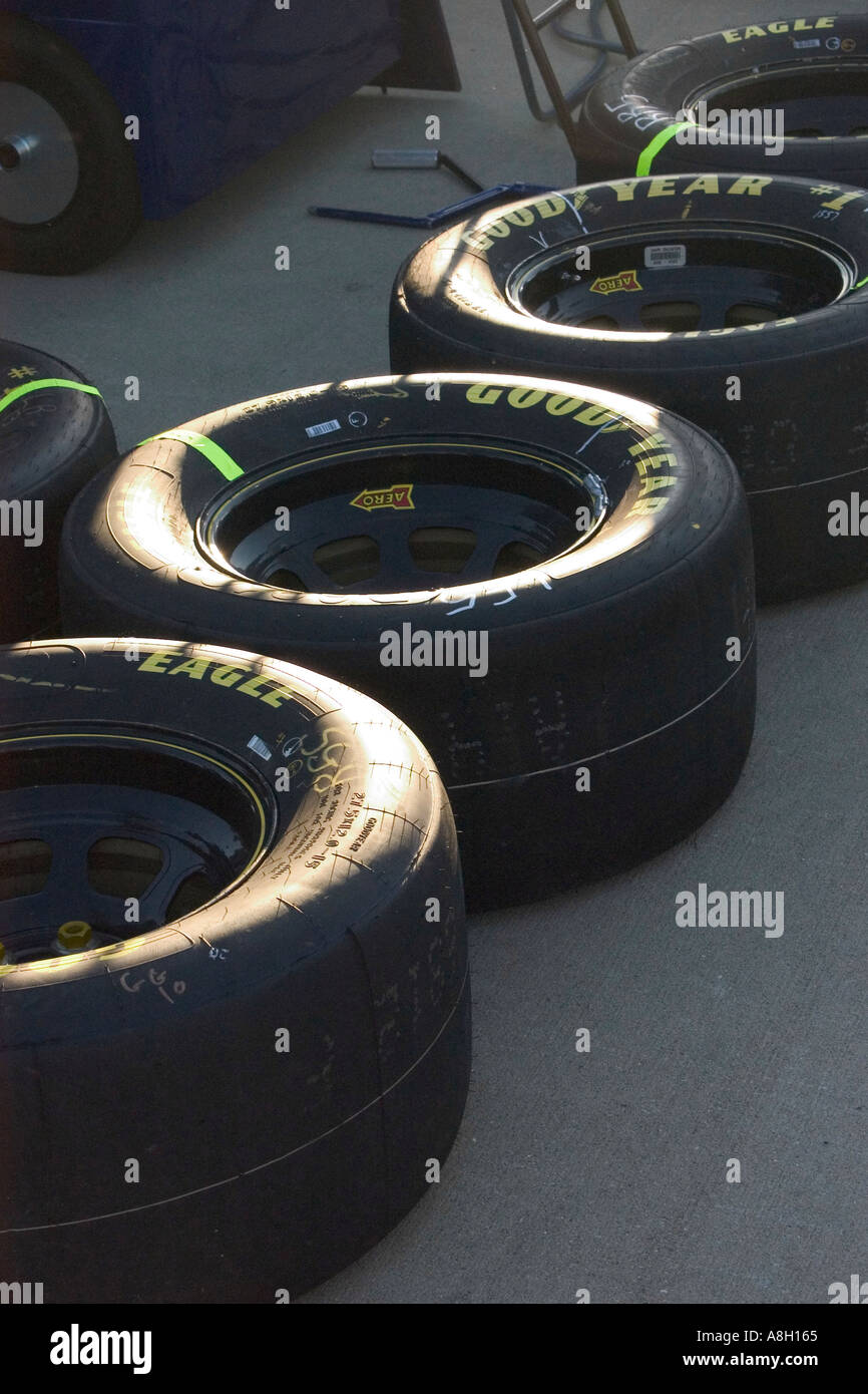 Goodyear racing tires stacked in pit area of Kentucky SPeedway prior to start of NASCAR Meijer 300 race Stock Photo