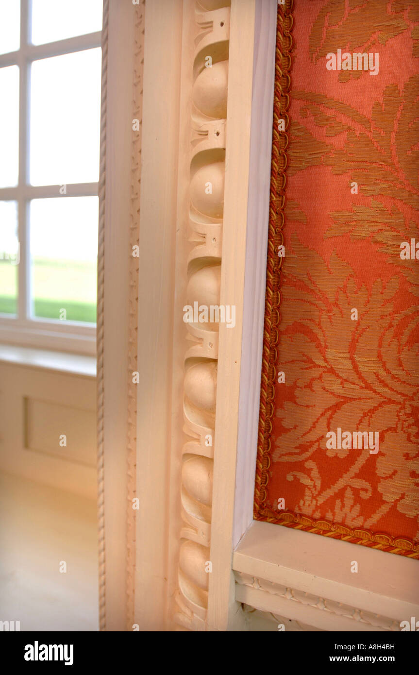 DETAIL OF SILK AND BATON WALL COVERINGS IN THE MORNING ROOM AT HALSWELL HOUSE NEAR BRIDGWATER SOMERSET UK Stock Photo