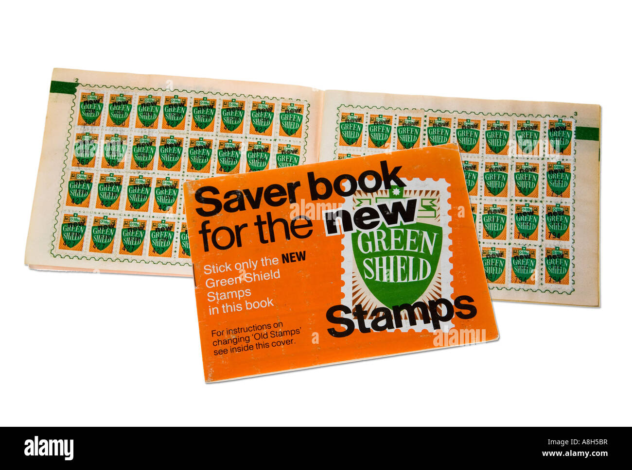 Green Shield stamps in book from 1970s used to collect points from