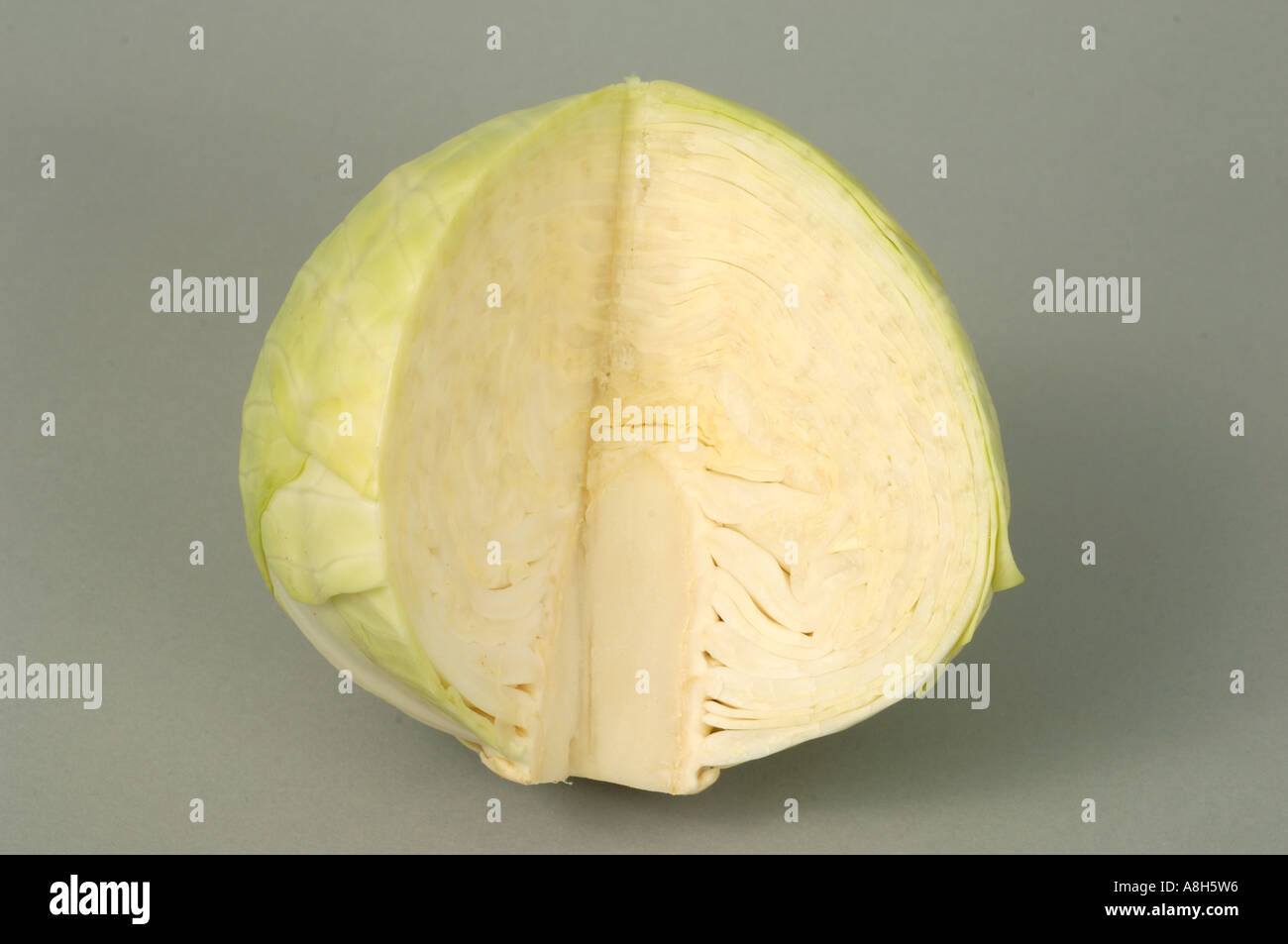 Vegetable produce typical supermarket bought round cabbage head with section cut out Stock Photo