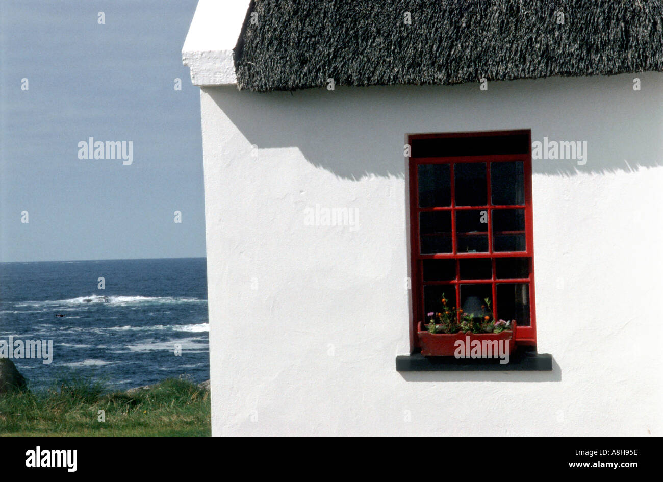 Traditional thatched Irish cottage beside the sea Stock Photo Alamy