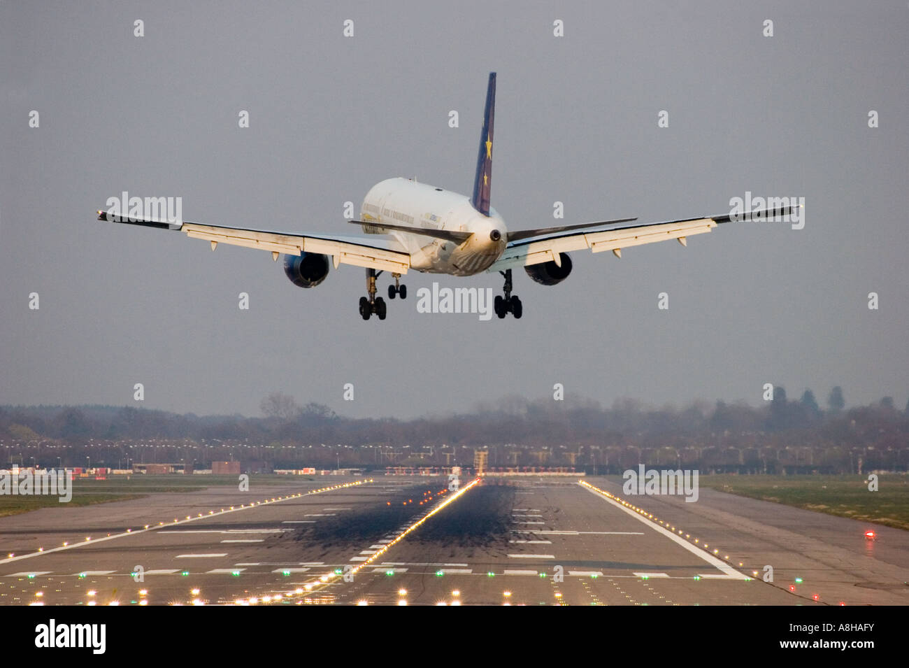 Boeing 757 civil airliner landing at London Gatwick airport G-OAVB Astraeus Boeing 757-23A London Gatwick Stock Photo