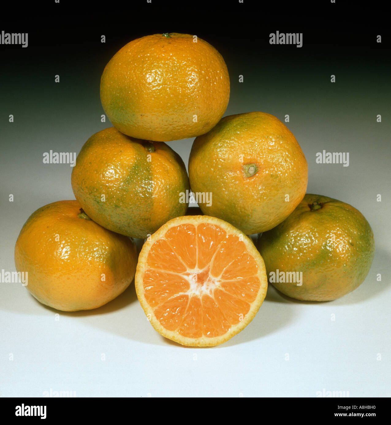 Green colouration of mandarin group sectioned whole variety Satsuma Owari Stock Photo