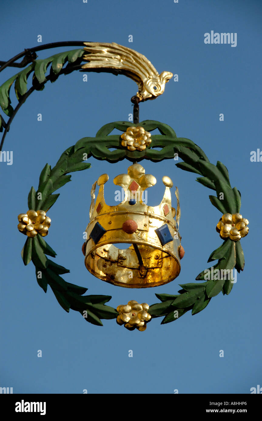 Old iron made and coloured restaurant sign of Gasthof Krone showing a gilded crown in the city center Beilngries Altmuehltal Stock Photo