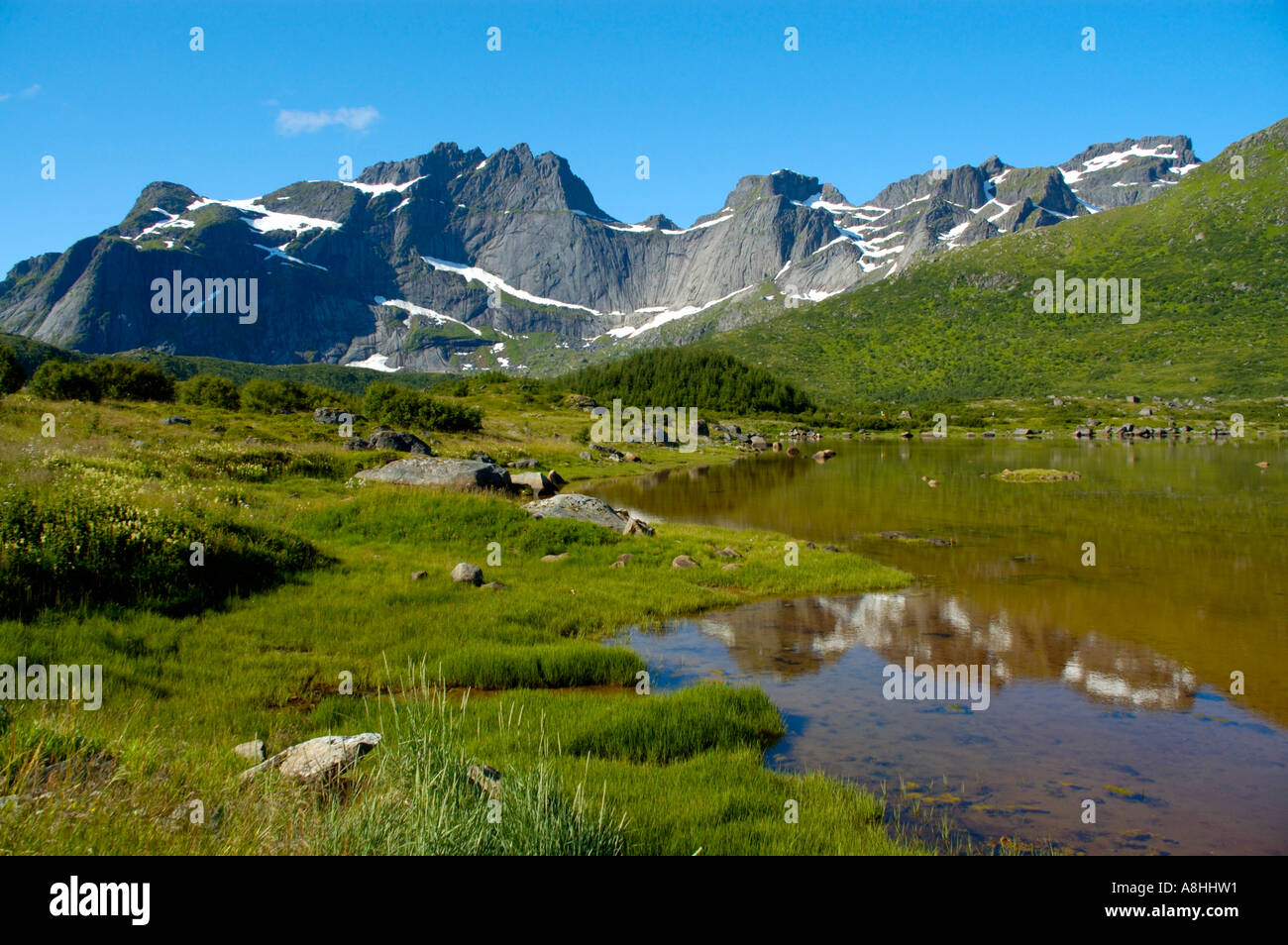 lake-and-mountains-wilderness-on-flakstadoya-lofoten-norway-stock-photo