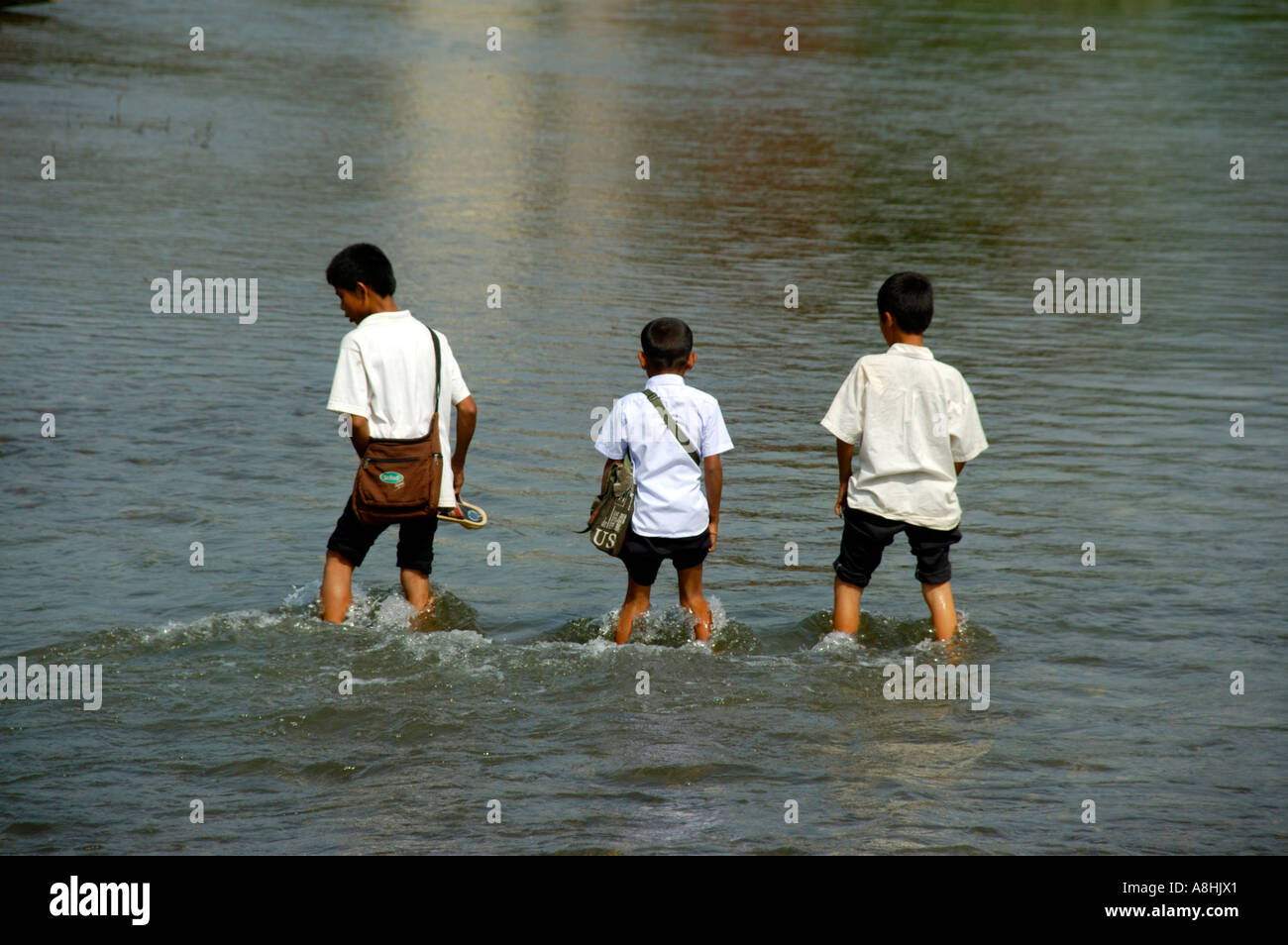 Three boys wade through water Vang Vieng Laos Stock Photo