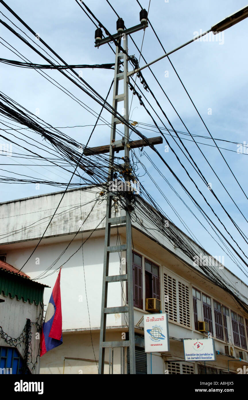 Chaotic electric wires Vientiane Laos Stock Photo